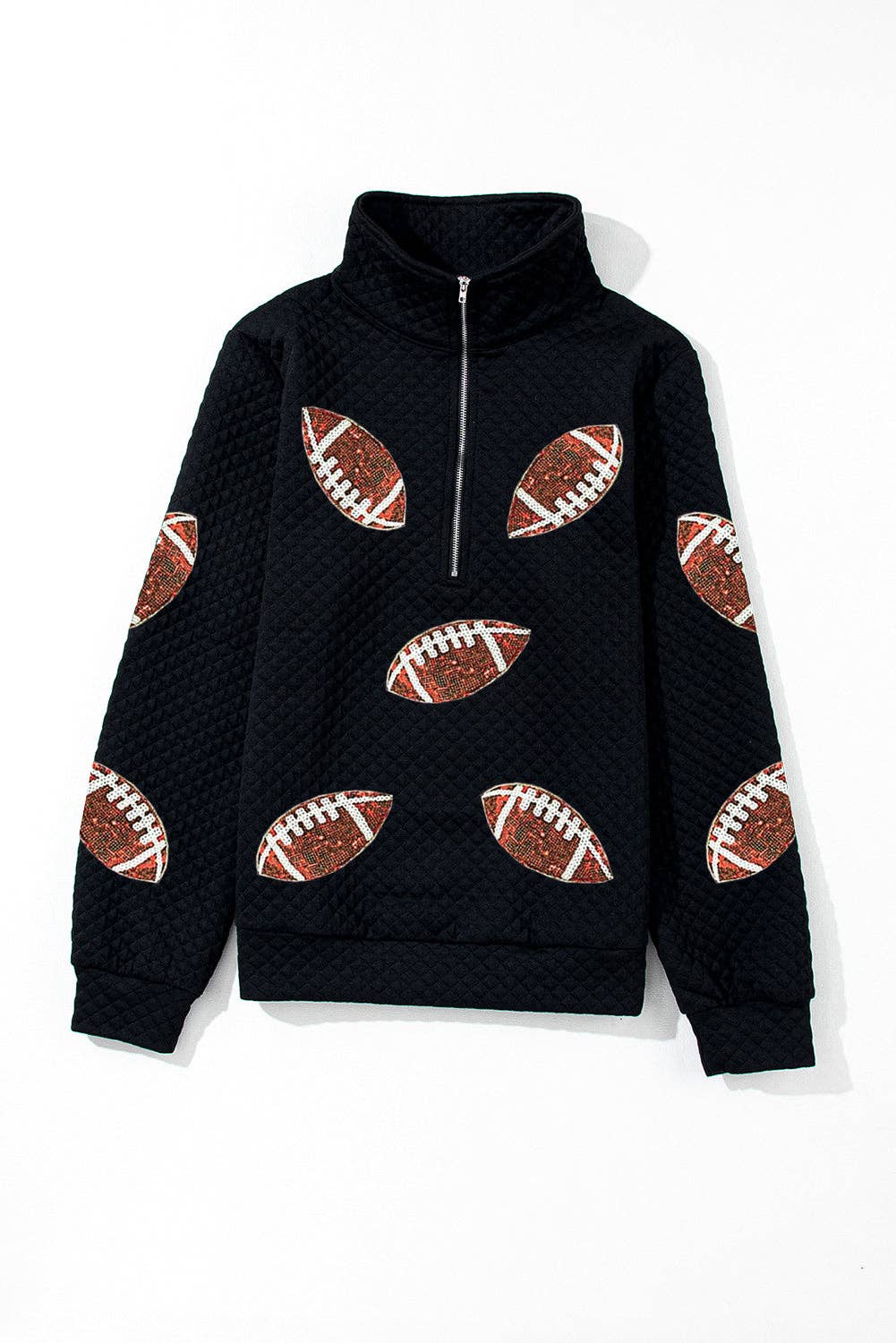 Black Sequin Rugby Football Patched Quarter Zip Textured Sweatshirt for wholesale on Faire3