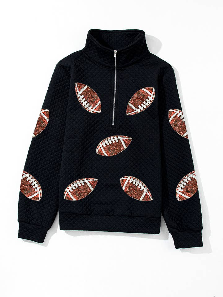 Black Sequin Rugby Football Patched Quarter Zip Textured Sweatshirt for wholesale on Faire3