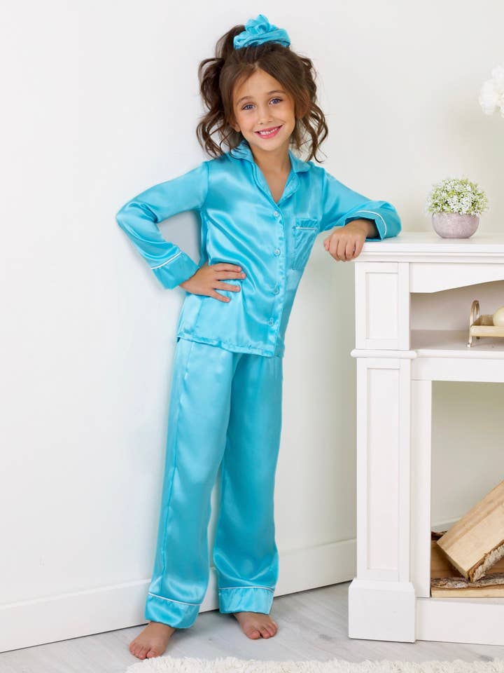 Conjunto de Pijama de Calças de Seda Turquesa para Meninas por atacado de Mia Belle Girls • Wholesale