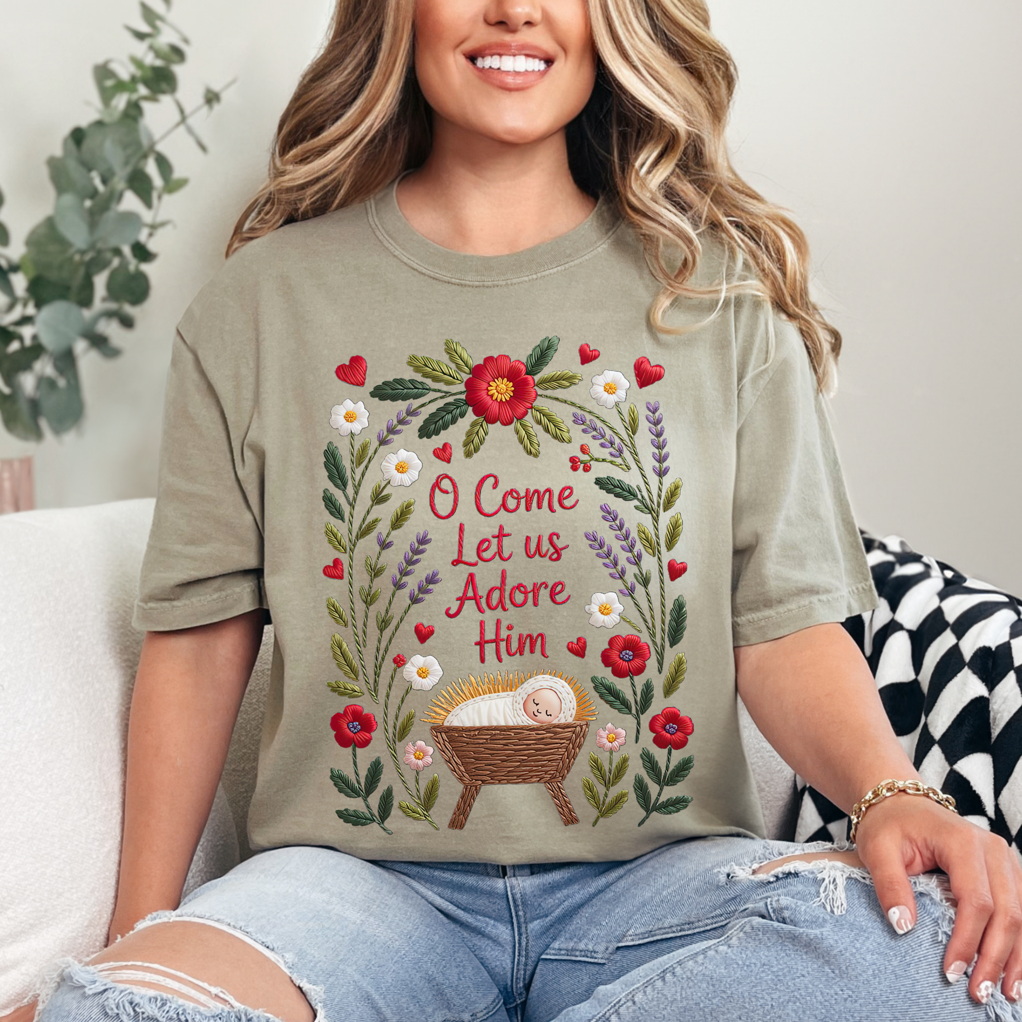 Scripted Pearl - Wholesale T-Shirt (Graphic) - Women's - O Come Let Us Adore Him Comfort Colors Christmas T Shirt2