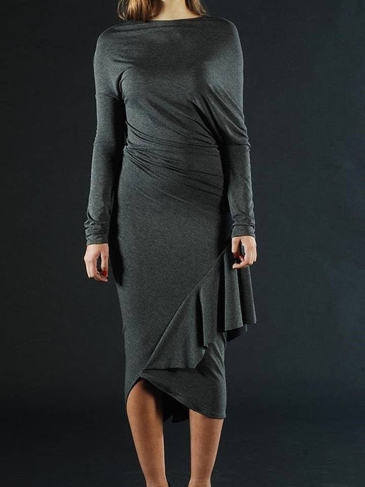 Abito lungo grigio asimmetrico, abito autunnale, tuni a maniche lunghe per la vendita all'ingrosso da parte di RALELE EOOD