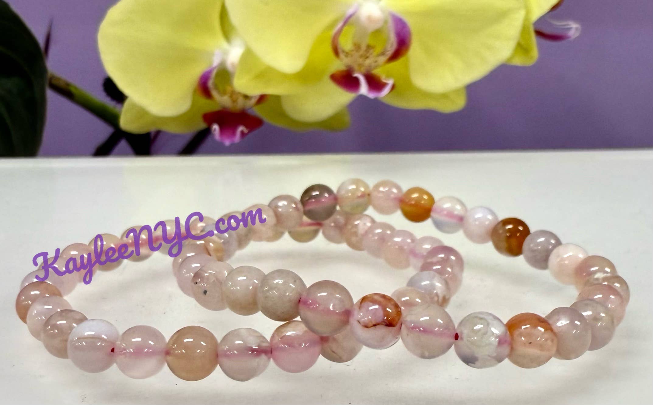 KayleeNYC - Wholesale Beaded Bracelet - Natural Flower Agate 6mm 7.5” Crystal Stretch Bracelet4