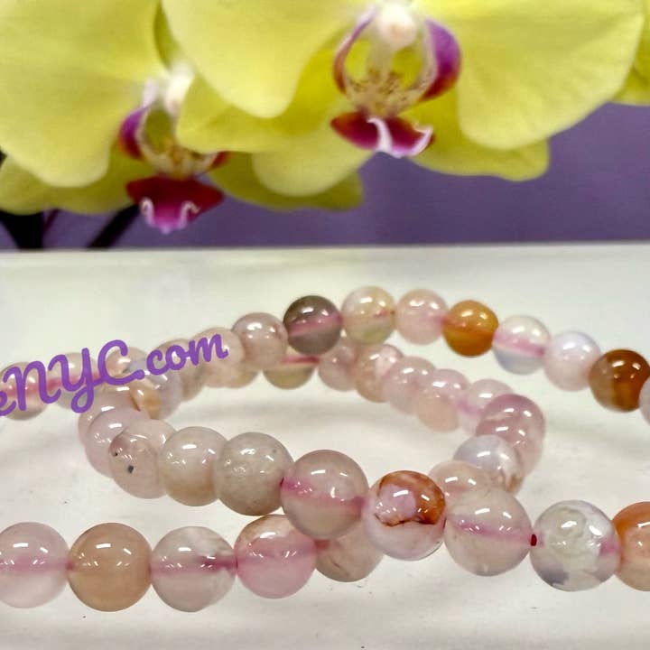 KayleeNYC - Wholesale Beaded Bracelet - Natural Flower Agate 6mm 7.5” Crystal Stretch Bracelet4