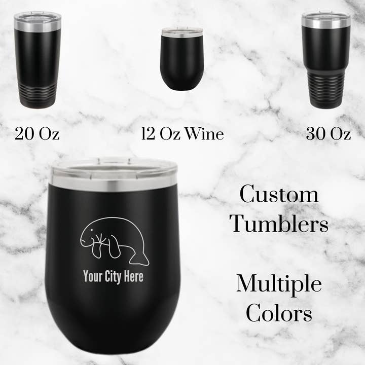 Manatee with name drop engraved insulated tumbler for wholesale by Mermaid of Hilton Head