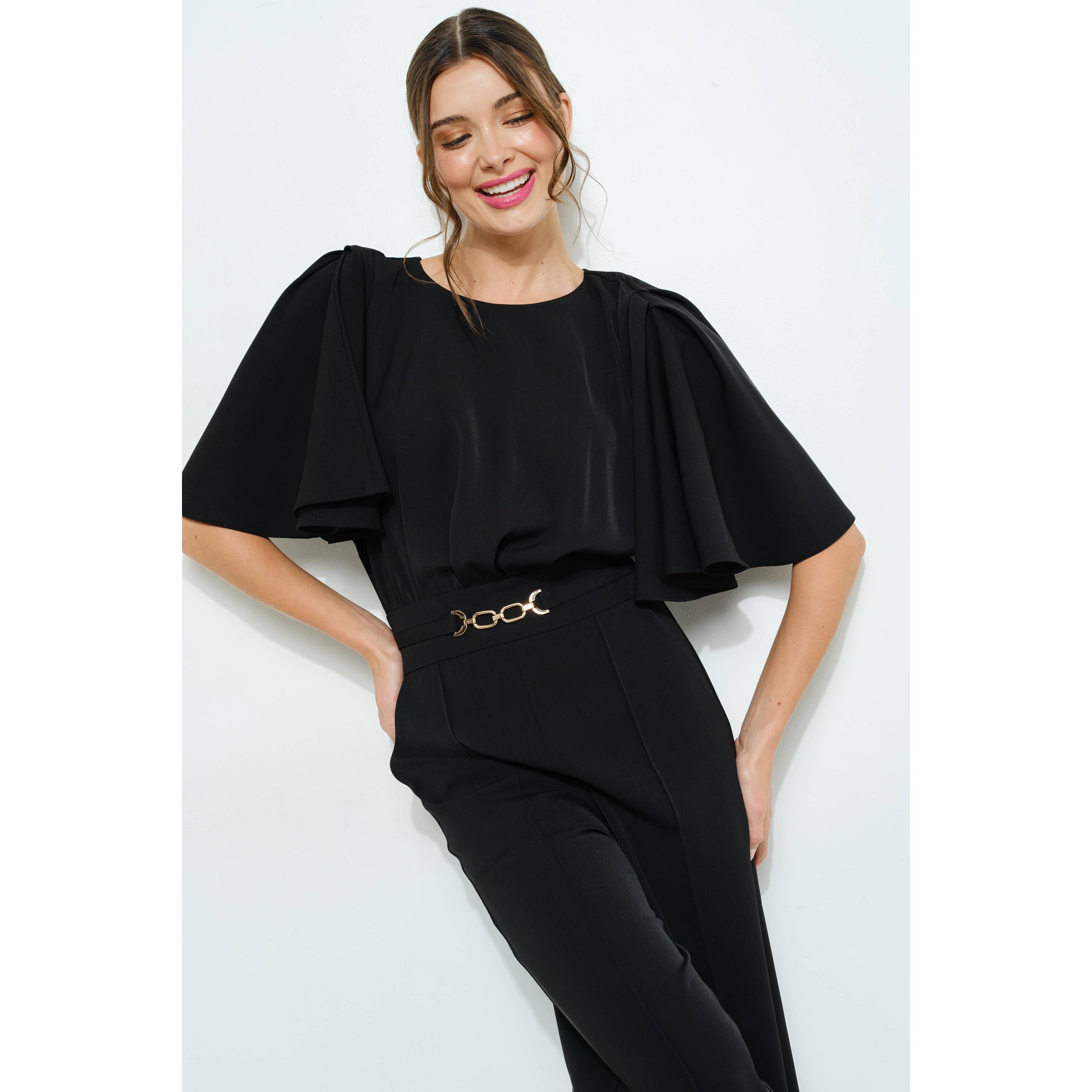 INA - Wholesale Romper - Women's - Flutter Kimino Sleeve Buckle Detail Wide Jumpsuit3
