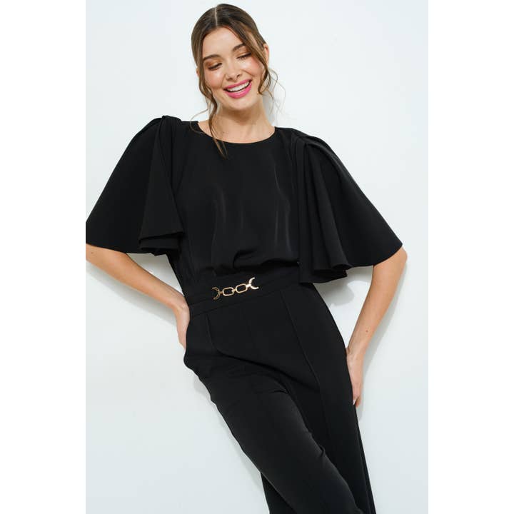 INA - Wholesale Romper - Women's - Flutter Kimino Sleeve Buckle Detail Wide Jumpsuit3