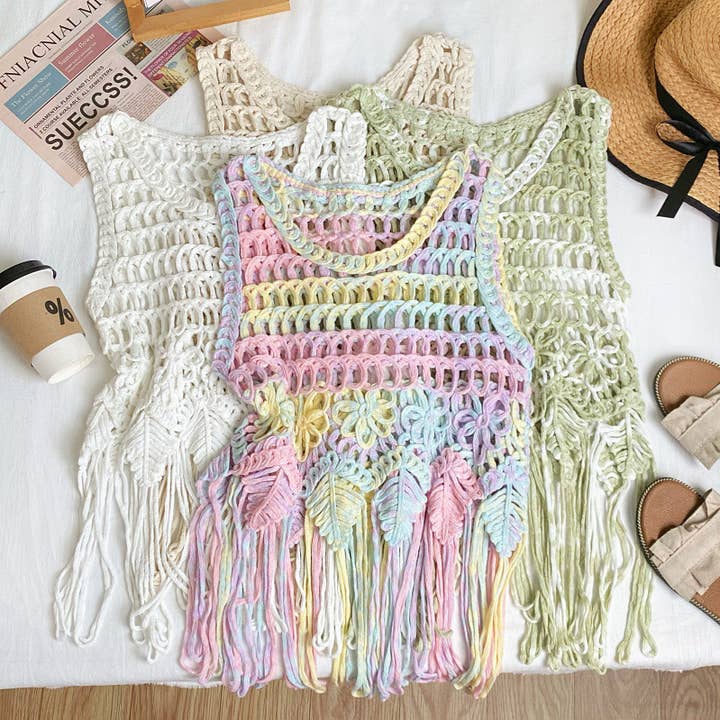 HIDDENBRAND - Wholesale Tank Top - Women's - Bohemian Crochet lace Woven cover-up tassel tank top34
