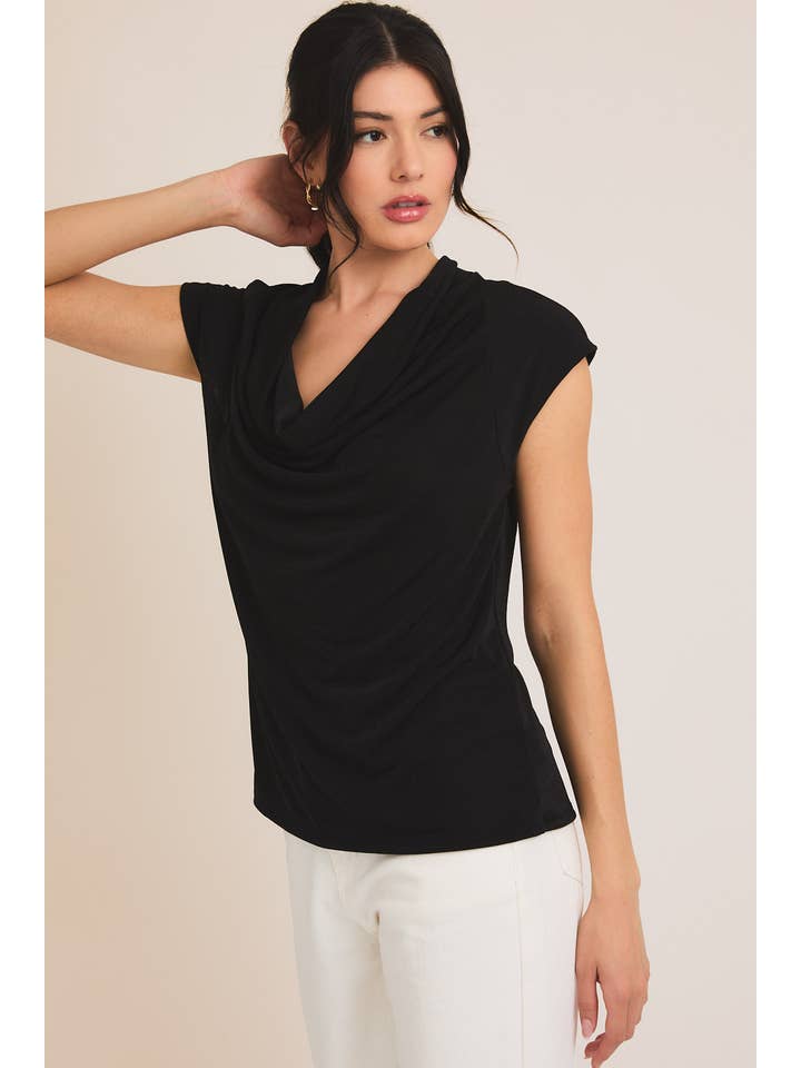 Black SHORT SLEEVE COWL NECK TOP for wholesale on Faire