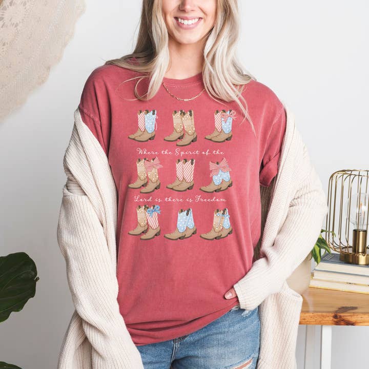 Scripted Pearl - Wholesale Screen Printed T-Shirt - Women's - Patriotic Cowboy Boots Comfort Colors Christian T-Shirt