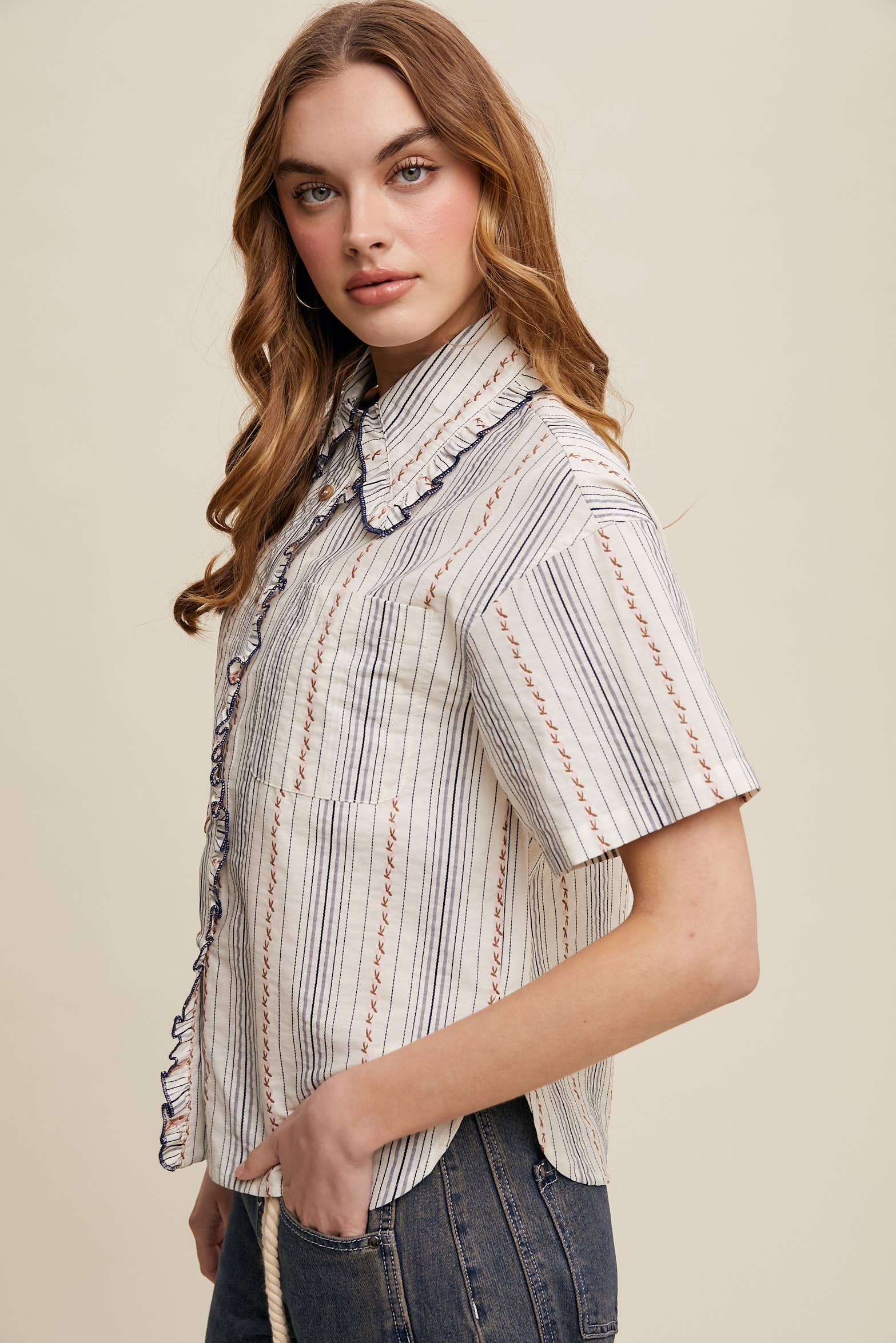 Listicle - Wholesale Button Down Shirt - Women's - Striped Embroidered Button-Down Blouse5