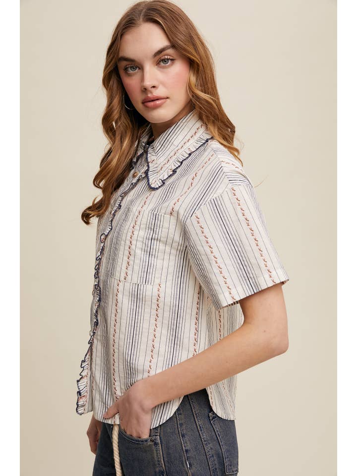Listicle - Wholesale Button Down Shirt - Women's - Striped Embroidered Button-Down Blouse5
