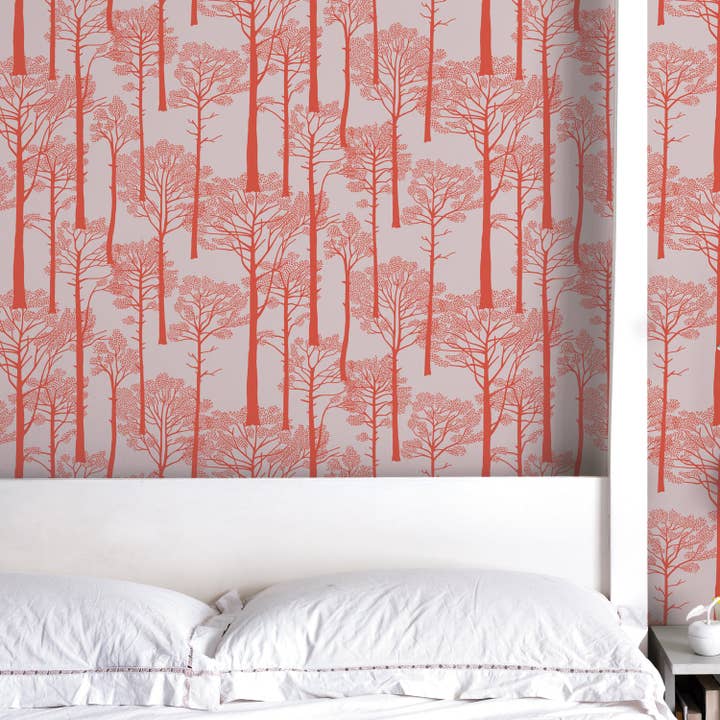 'Holkham Pine Woods' Wallpaper Sunrise Orange, 10m roll for wholesale on Faire1