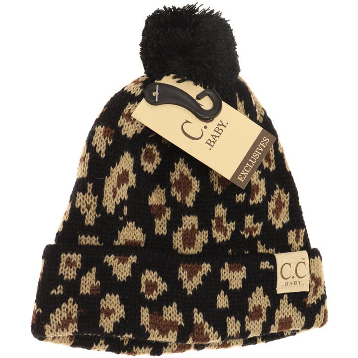 C.C Beanie - Wholesale Newborn/Knit Hat - Baby - Baby Leopard Single Pom Beanie BABY80POM