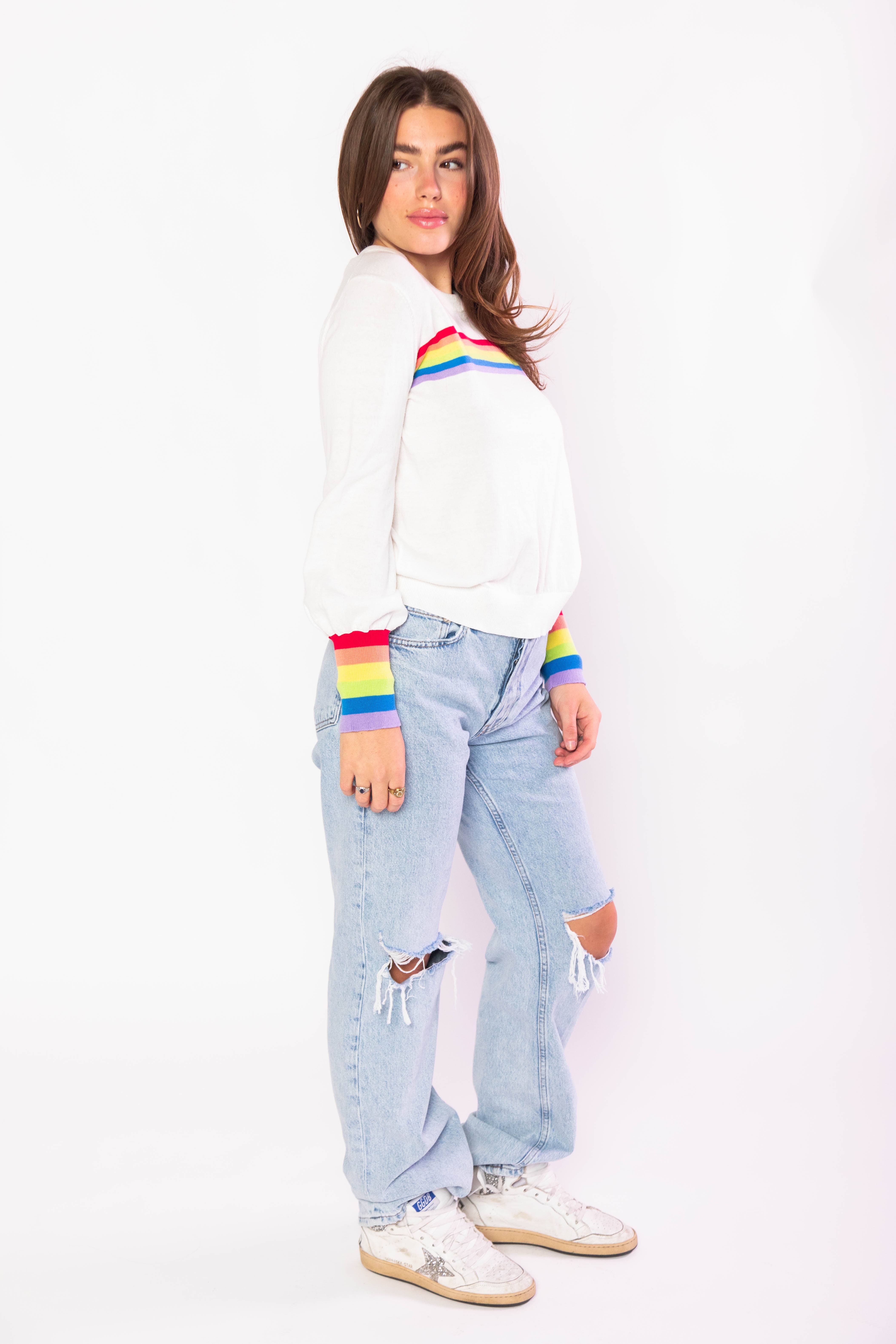 Molly Moran LLC - Wholesale Knit Sweater - Women's - Cream Puff Sleeve Rainbow Sweater2