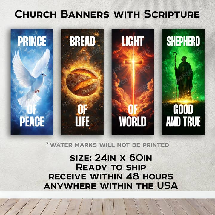 Christ Our Guide Church Banner Set - Prince of Peace, Bread of Life, Light of World, Good Shepherd - 24x60" Religious Decor - Ready to Ship for wholesale by Mansi Print Shop