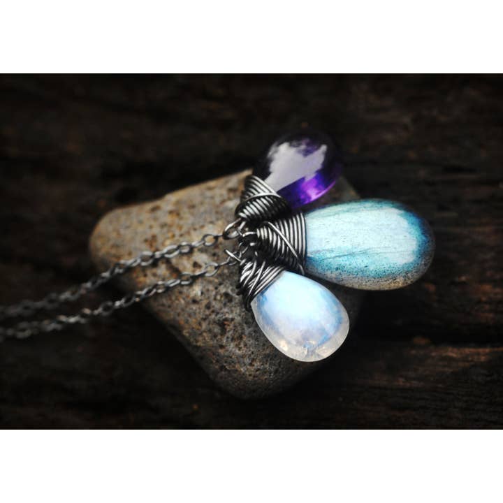 Stunning Labradorite, Moonstone And Amethyst Necklace // Amazing Glowing & Sparkling Very Unique Gemstones // Boho // Wire Wrapped Jewelry for wholesale by Treehouse Jewelry Hawaii