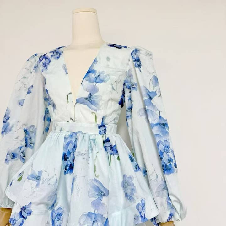 Productseeker - Wholesale Dress - Women's - DR438 V-Neck Lantern Sleeve Floral Print Short Dress3