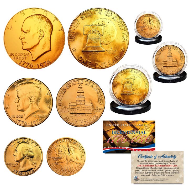 1976 Bicentennial 24K Gold Coins Jfk Half / Ike Dollar / Quarter 3-Coin With Stands - Ships Fast & Free To U.S. for wholesale by The Merrick Mint