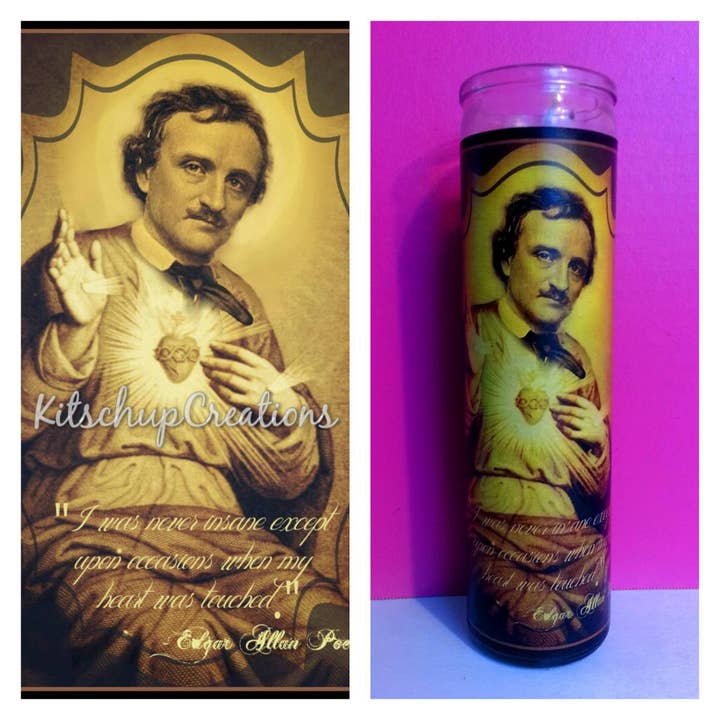 Edgar Allan Poe Sacred Heart Prayer Candle for wholesale by Kitschup Creations