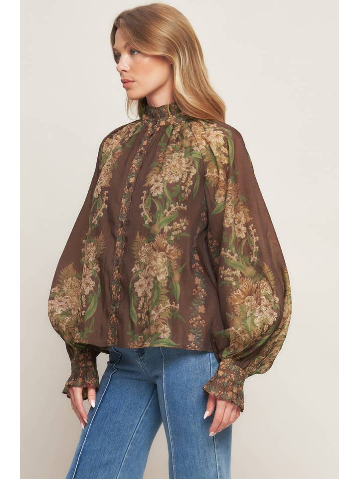 Brown A printed woven top - IT13889 for wholesale on Faire2