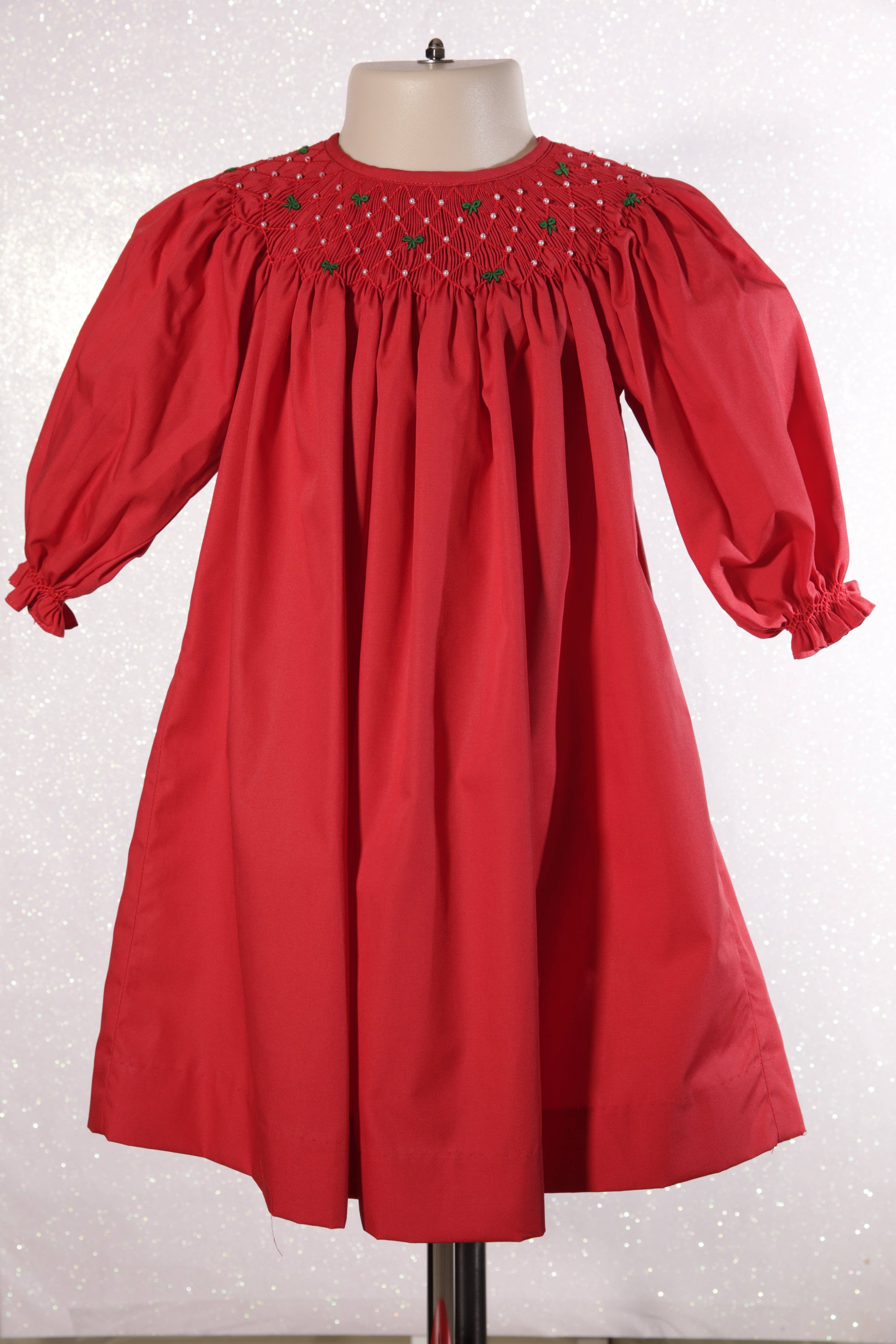 Hello Bebes! - Wholesale Dress - Baby - Christmas Red Smocked With Green Bows Bishop Dress2