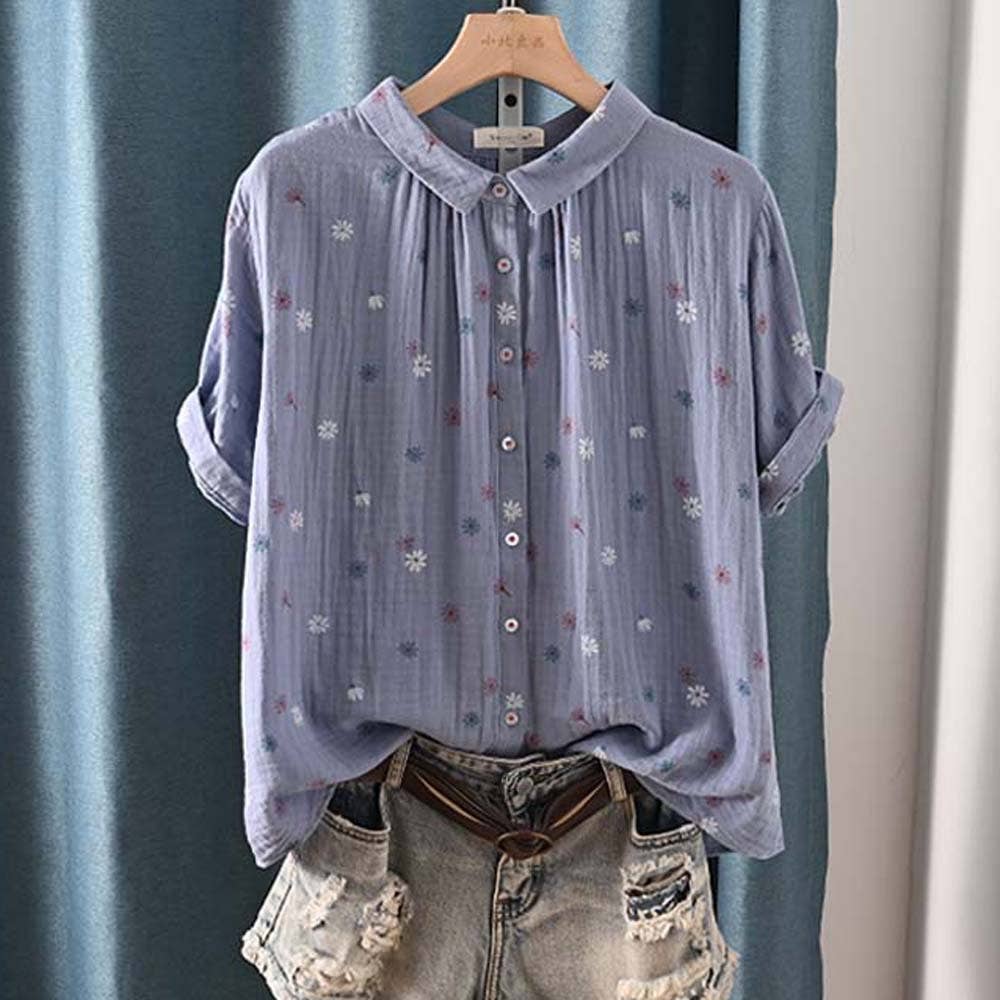 Whisper Mint – Camisa com botões no colarinho – Mulher por atacado – Camisa de manga curta estampada em lapela em gaze de algodão de dupla camada2