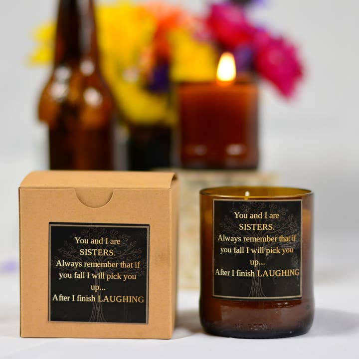 Black Oak Soap Company – wholesale Jar/filled candle – "You and I are sisters" Funny Beer Bottle Candle | 6 oz1