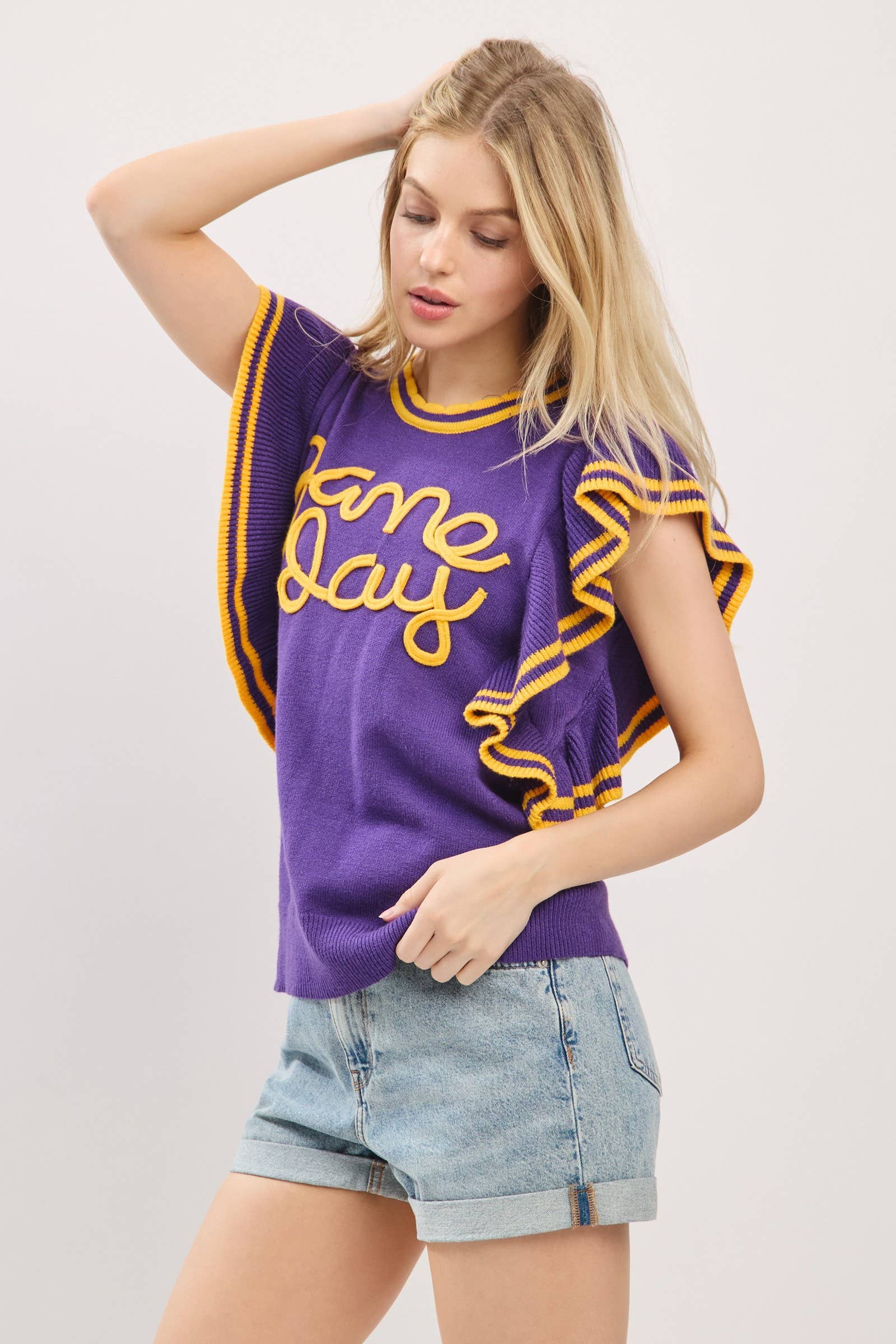 Sewn and Seen - Vente Haut en maille – femme - Haut en maille de jour de match à manches volantées style universitaire38