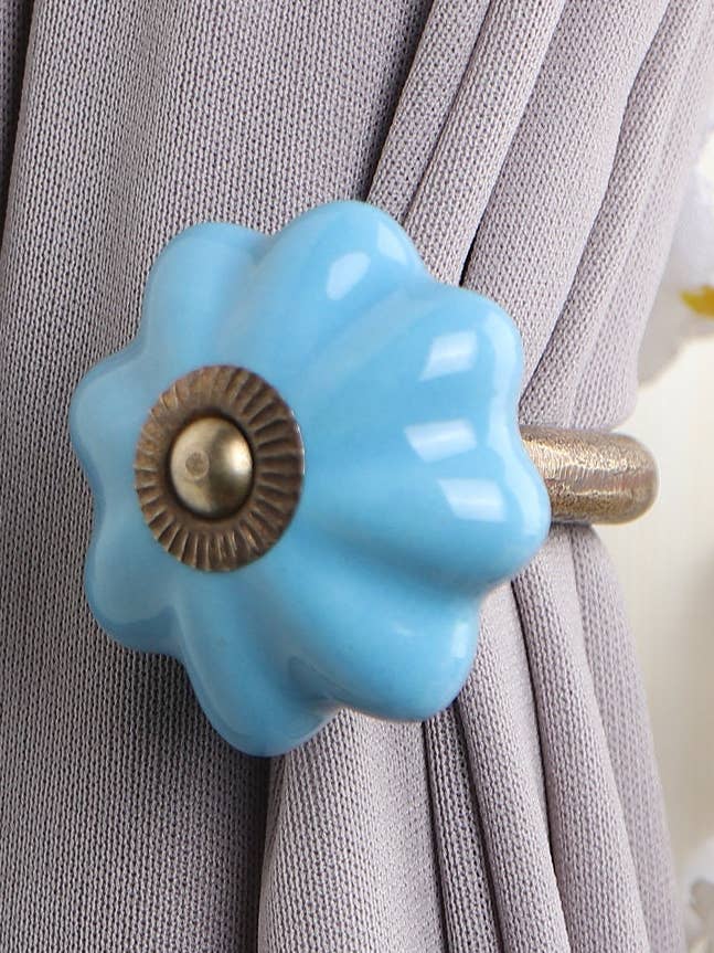 Plain Blue Decorative Ceramic Flower Curtain Tie Back Hook Rustic Bathroom Towel Hook Antique Hook (Set of 2) for wholesale by KNOBCO