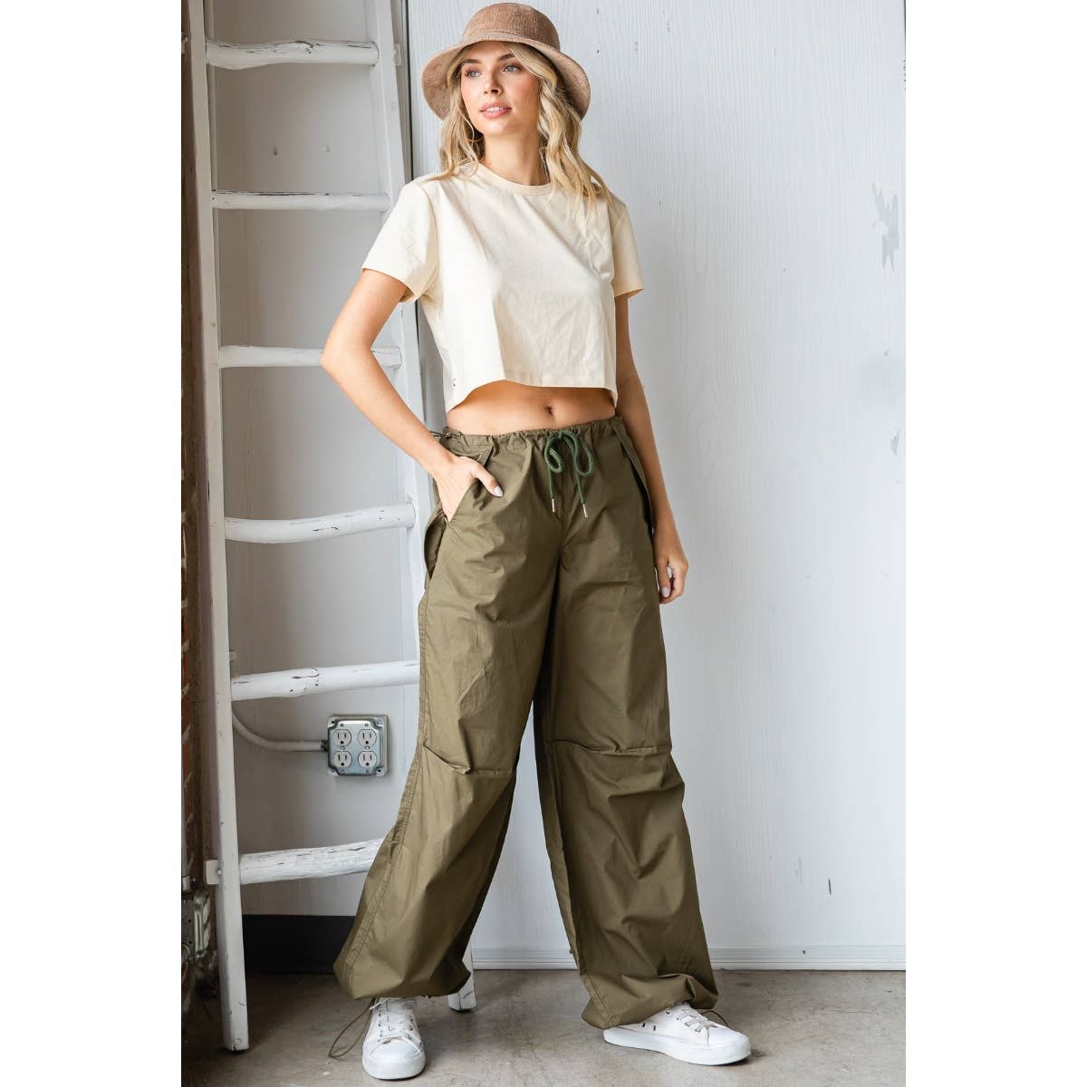 Olive Wide Fit Drawstring Parachute Pants for wholesale on Faire4