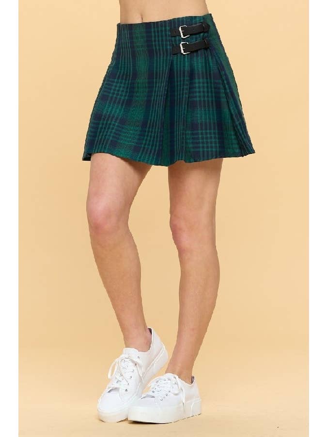 Green Double Buckle Pleated Plaid Mini Skirt for wholesale on Faire