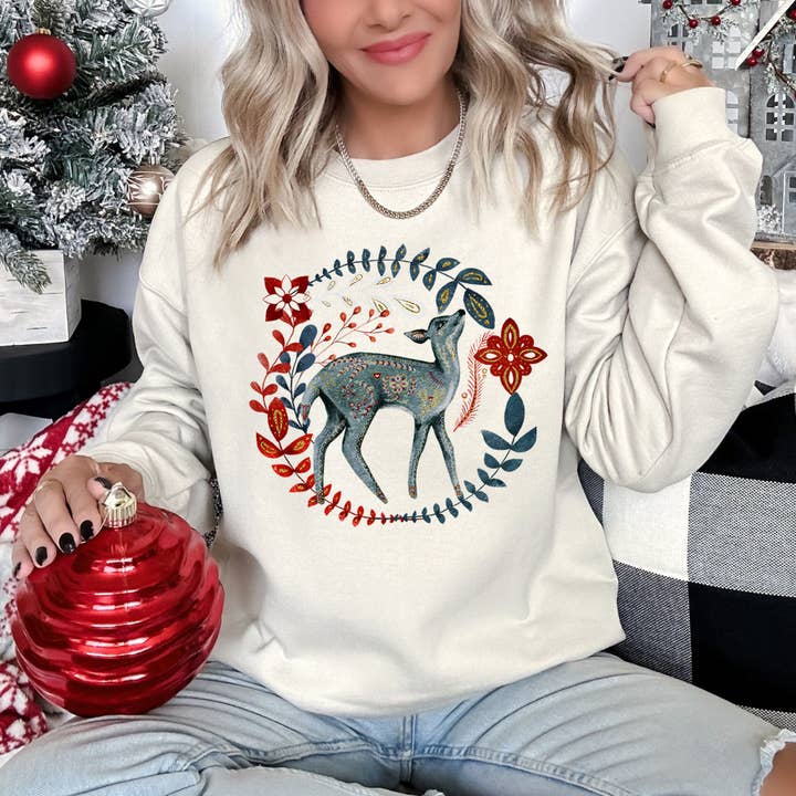 Refinery Number One LLC – wholesale Graphic sweatshirt – Women’s – Deer Folk Art Scandinavian Christmas Sweatshirt10