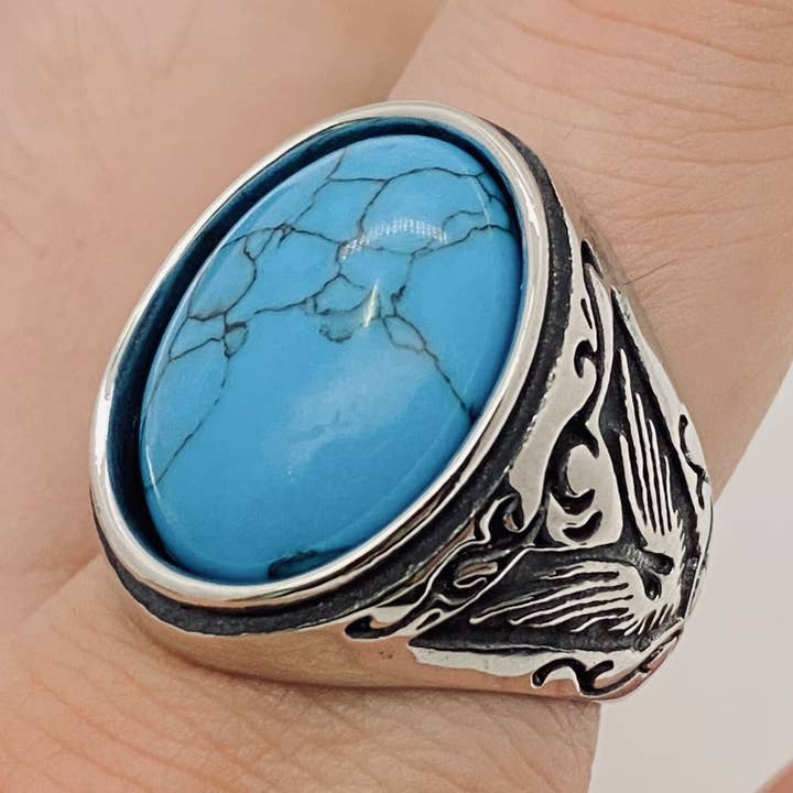 Men's Stainless Steel Engraved Ring with Gemstone - MJ/MR for wholesale by Mio Queena