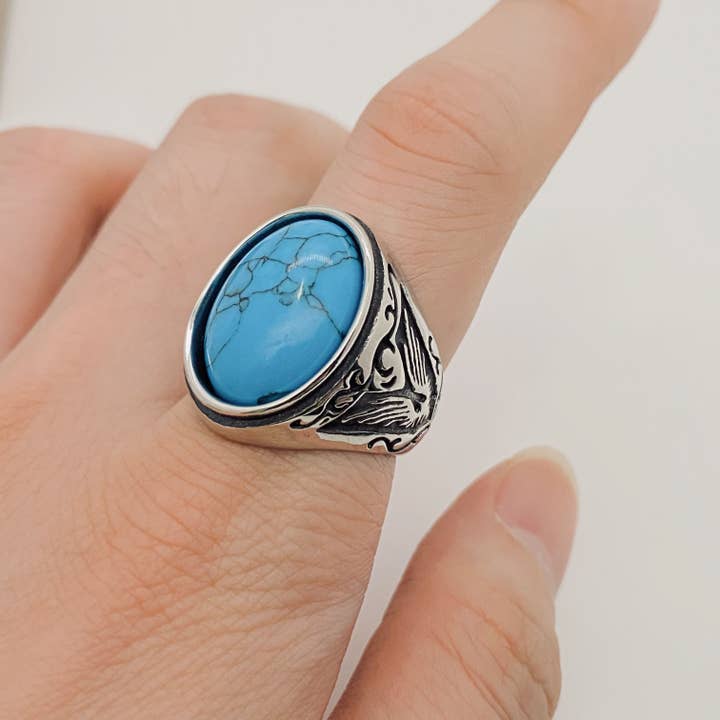 Mio Queena - Wholesale Signet Ring - Men's Stainless Steel Engraved Ring with Black Stone - MJ/MR1