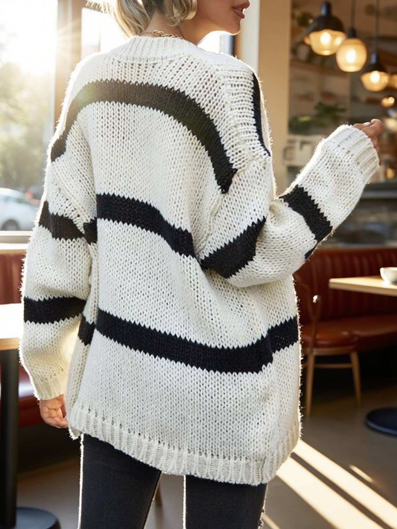 WHITE Striped V-neck sleeved chunky knitted cardigan for wholesale on Faire6