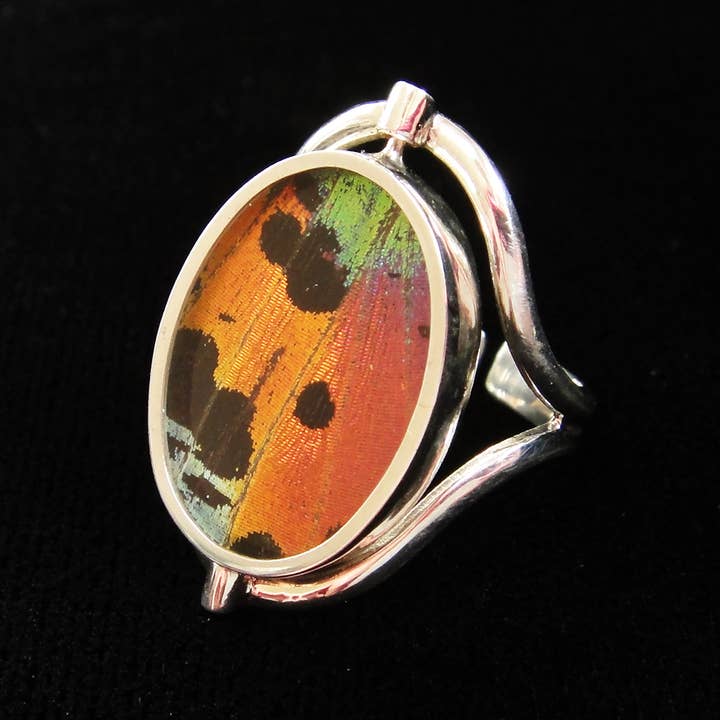 Tika - Wholesale Cocktail/Statement Ring - Reversible Blue Morpho/Sunset Oval Ring (adjustable)