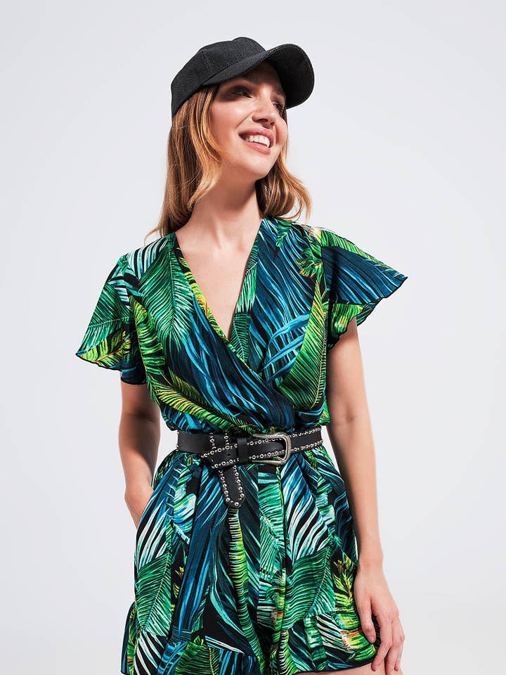 Wickeloverall mit grünem tropischem Print für den Großhandel von Q2—All Orders:Free Duties for the US,UK,and Canada