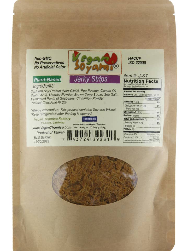 Soyami Vegan Jerky Reepjes voor wholesale door Echo Idea LLC dba Vegan Tiramisu