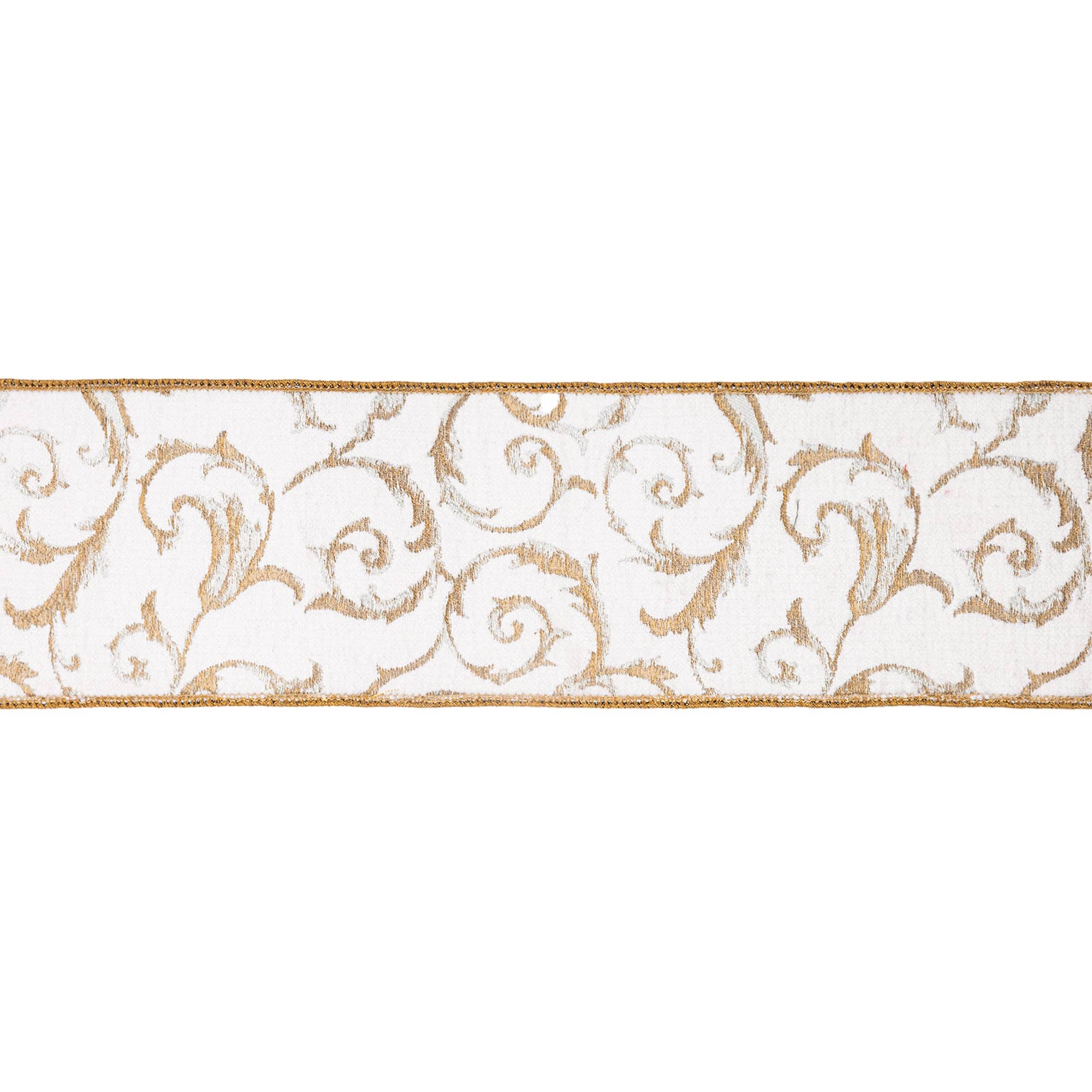 LA Ribbons Wholesale - Wholesale Ribbon - Gift Wrapping - 4" Wired Jacquard Ribbon | Metallic Scroll on Ivory w/ Gold Metallic Dupioni-fused Backing | 10 Yard Roll4