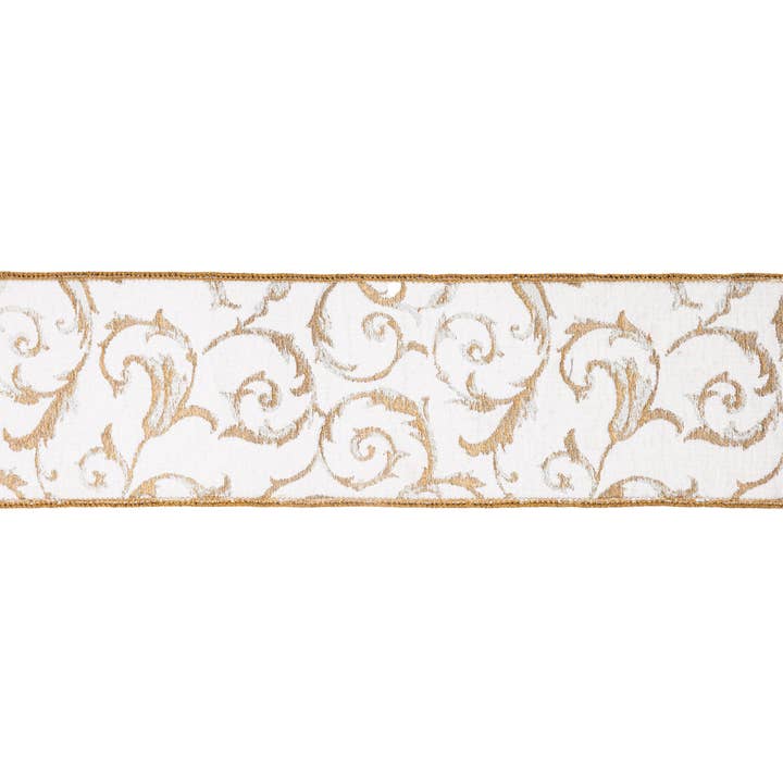 LA Ribbons Wholesale - Wholesale Ribbon - Gift Wrapping - 4" Wired Jacquard Ribbon | Metallic Scroll on Ivory w/ Gold Metallic Dupioni-fused Backing | 10 Yard Roll
4