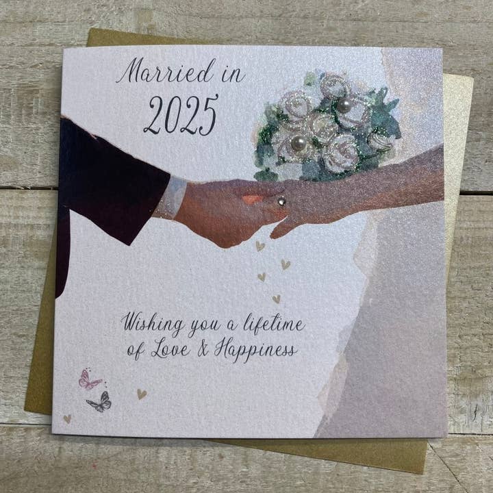 Married In 2025 - Hands & Bouquet Wedding Card (X)D352-25 for wholesale by White Cotton Cards