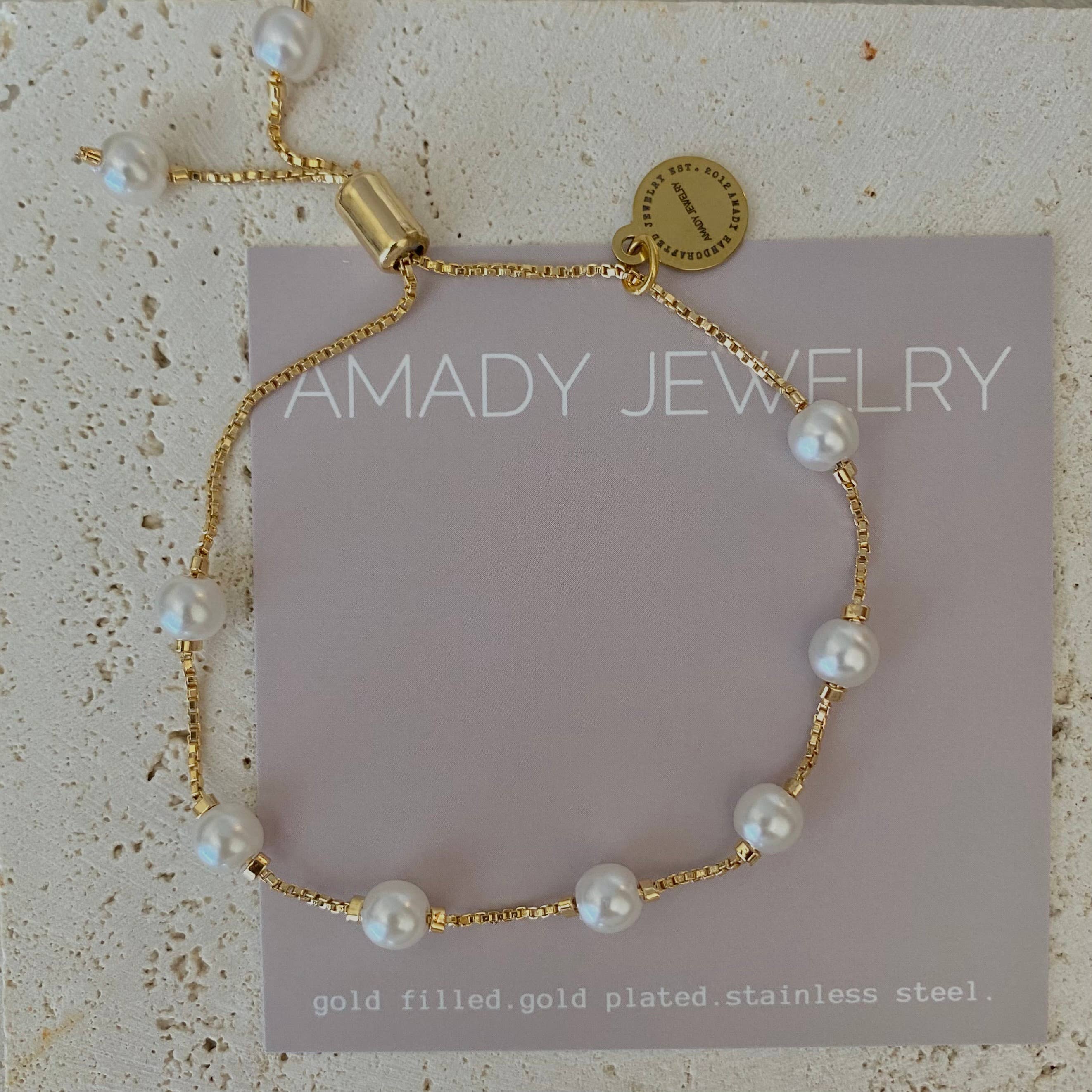 Amady Jewelry - Wholesale Charm/dangle bracelet - Pearls Adjustable Beaded Bracelet 18k Gold Filled boxy chain