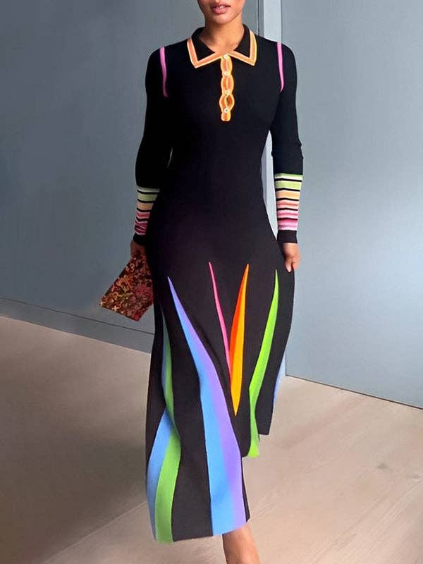 BLACK Printed Long Sleeves Skinny Lapel Maxi Dresses for wholesale on Faire