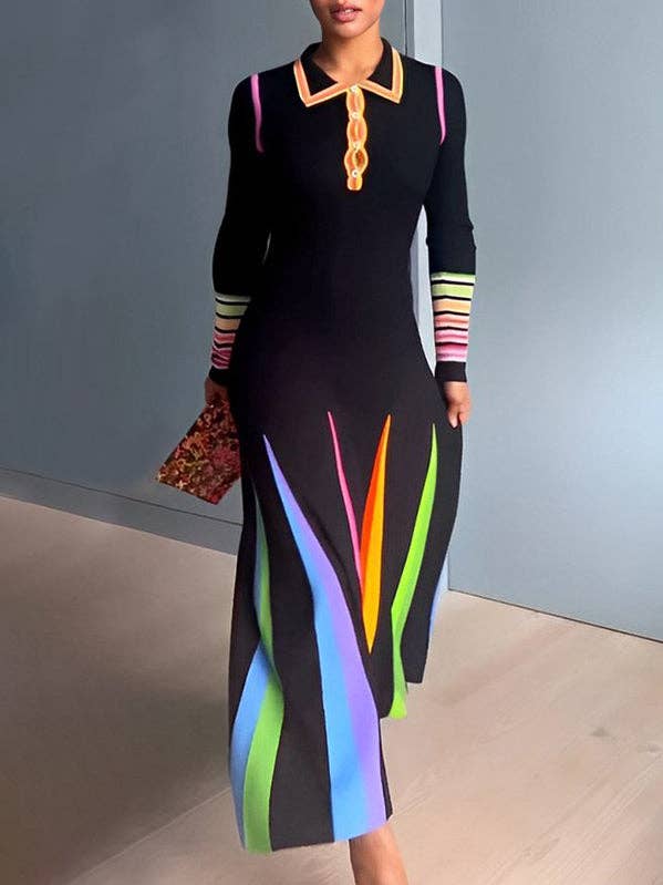 BLACK Printed Long Sleeves Skinny Lapel Maxi Dresses for wholesale on Faire0