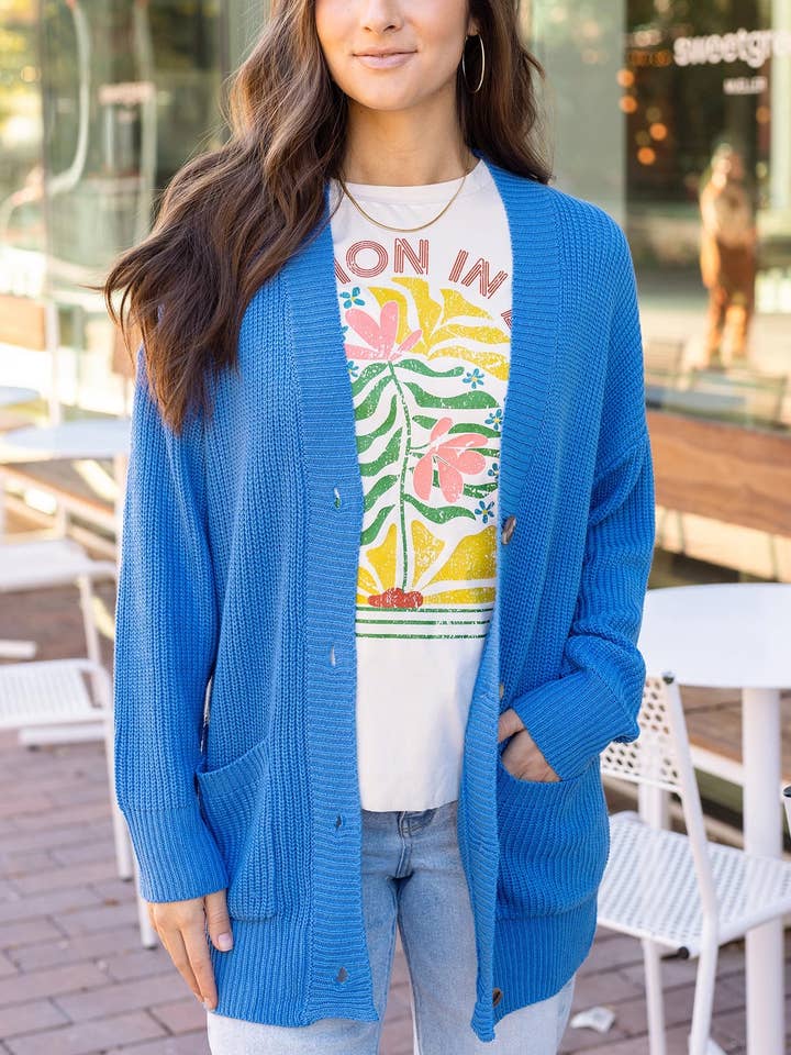 Cárdigan de Punto Cómodo y Sobredimensionado en Azul para venta al por mayor de Grace and Lace