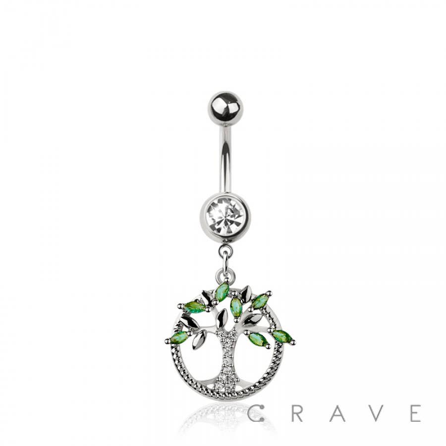 CRAVE - Wholesale Belly Ring - 316L SURGICAL STEEL TREE OF LIFE DANGLE BELLY BUTTON NAVEL R3