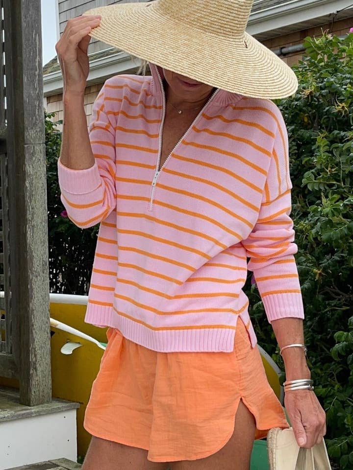 1/2 Zip Cotton Sweater Stripe Pink\Orange for wholesale by Pink Pineapple
