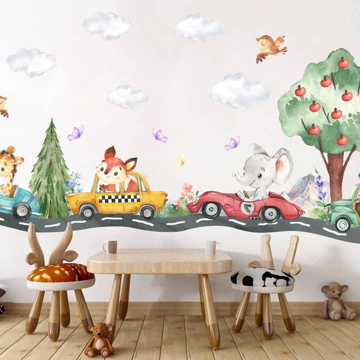 Countryside Joy Baby Animals Driving Wall Decal - Elephant Giraffe Zebra Fox - BR362 for wholesale by WallKoala
