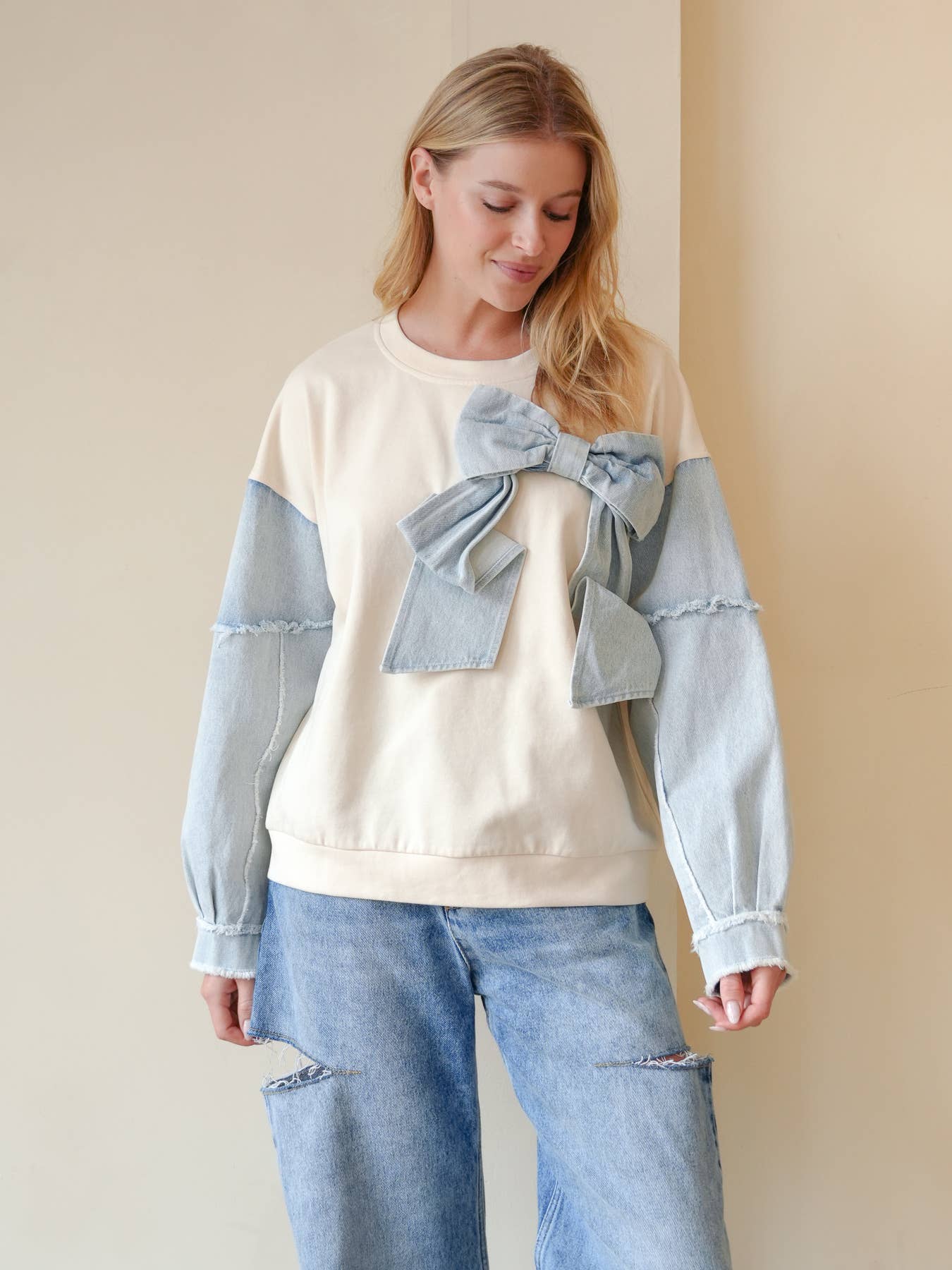 TRENDILITY - Wholesale Sweatshirt - Women's - TR2027-04_Mineral Washed Denim Bow Sweatshirt Top14