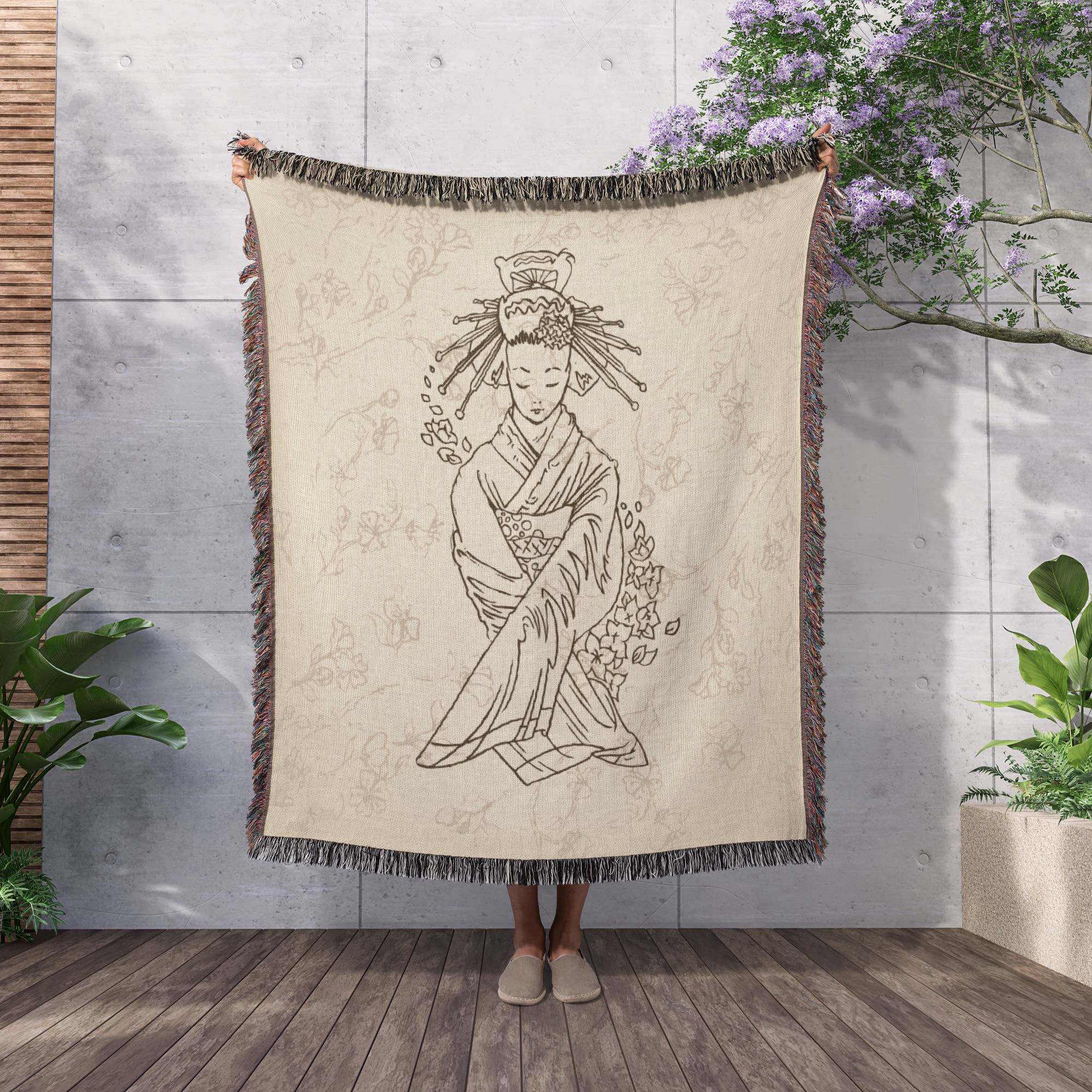 3dRose - Vente Plaids - 3dRose, Joli contour de geisha japonaise Geigia assise, design décoratif floral asiatique oriental, couverture2